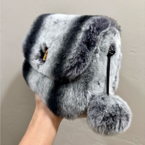 Gray Handmade Real Rex Rabbit Fur Handbag & 2 Fur Balls Charm & 2 Strap Styles - Picture 6 of 15